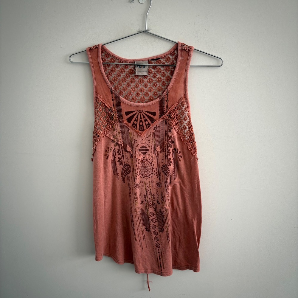 Harley-Davidson Womens Boho Lace Crochet Back Tank Top Pink Graphics